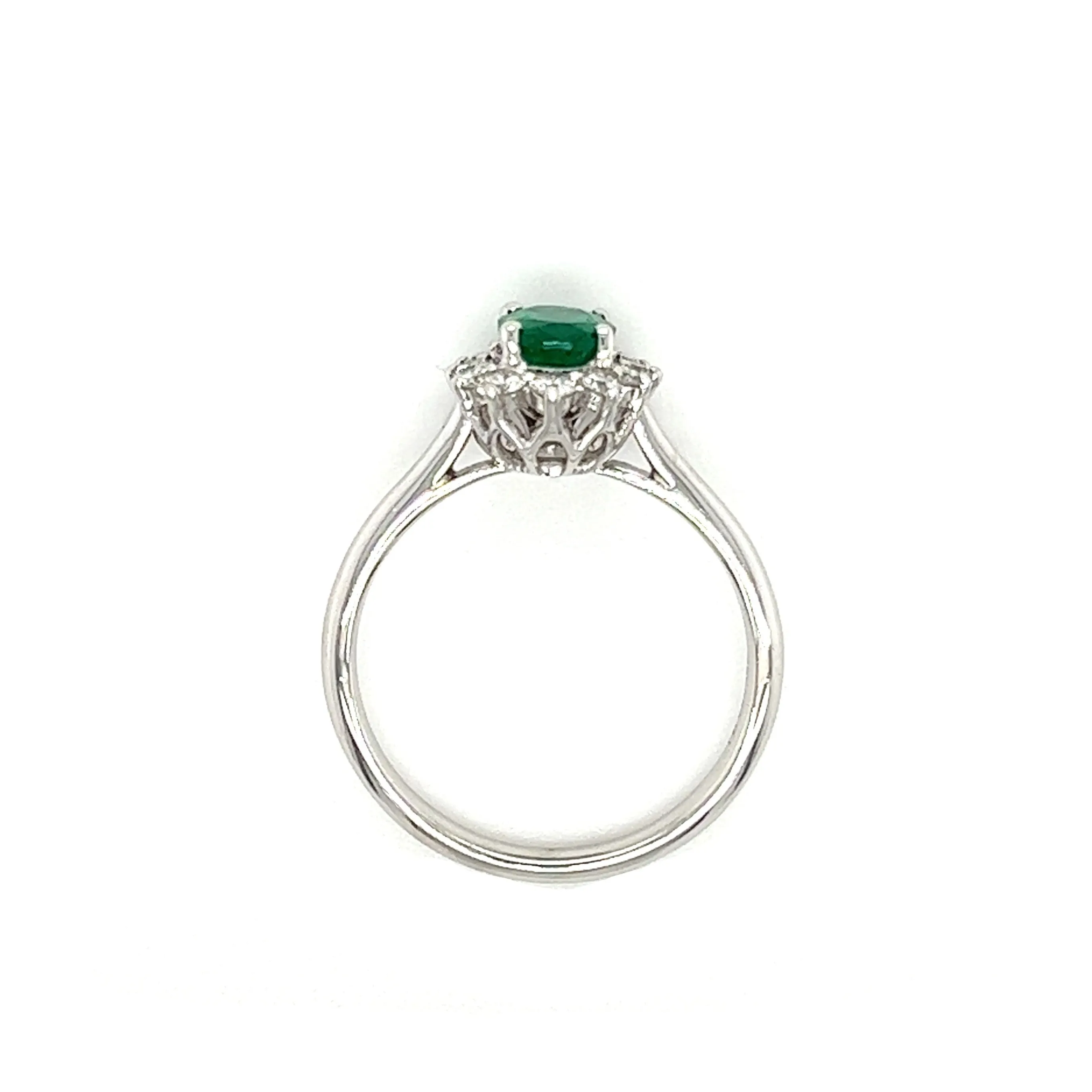 Oval Emerald Ring with Floral Diamond Halo in 18K White Gold