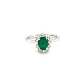 Oval Emerald Ring with Floral Diamond Halo in 18K White Gold