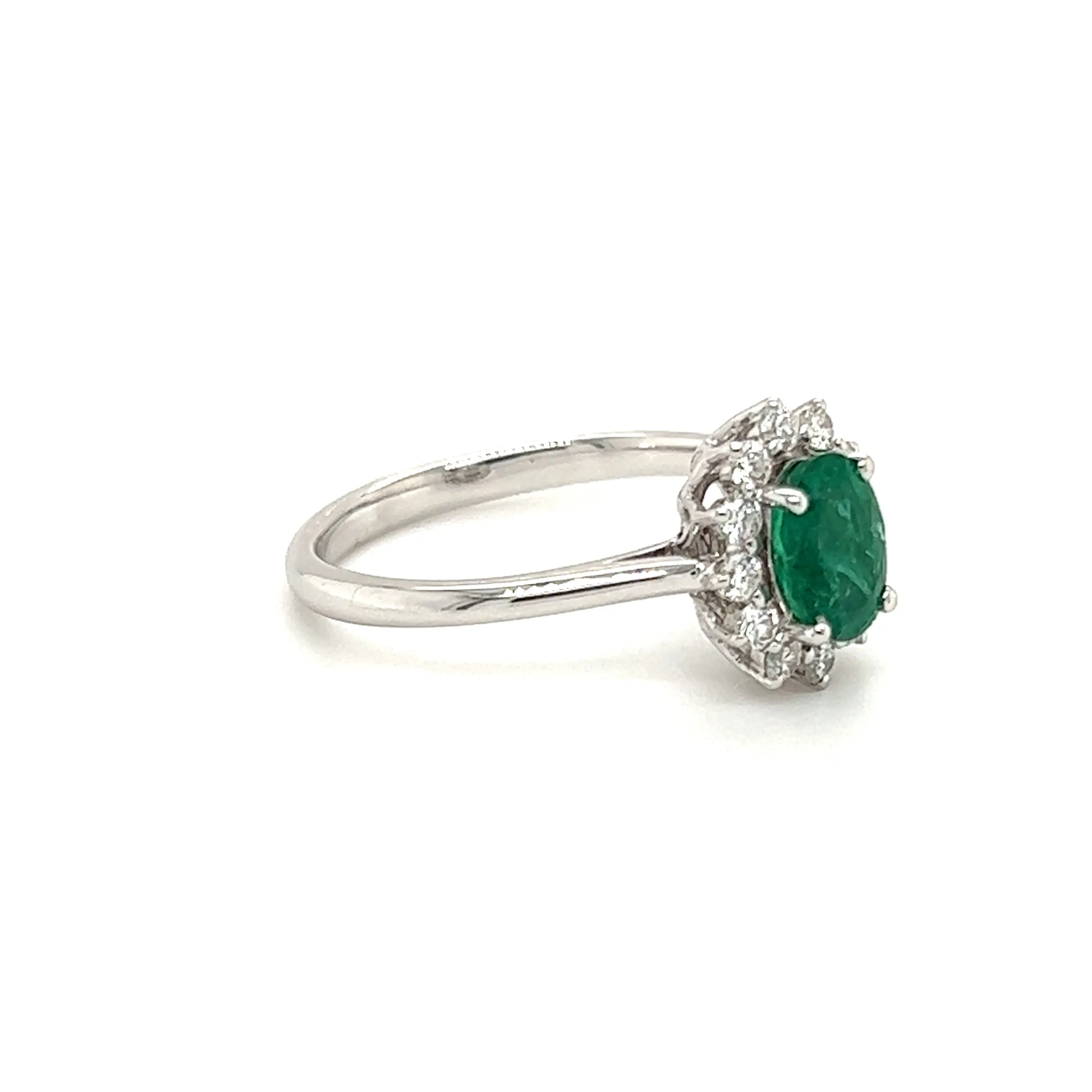 Oval Emerald Ring with Floral Diamond Halo in 18K White Gold