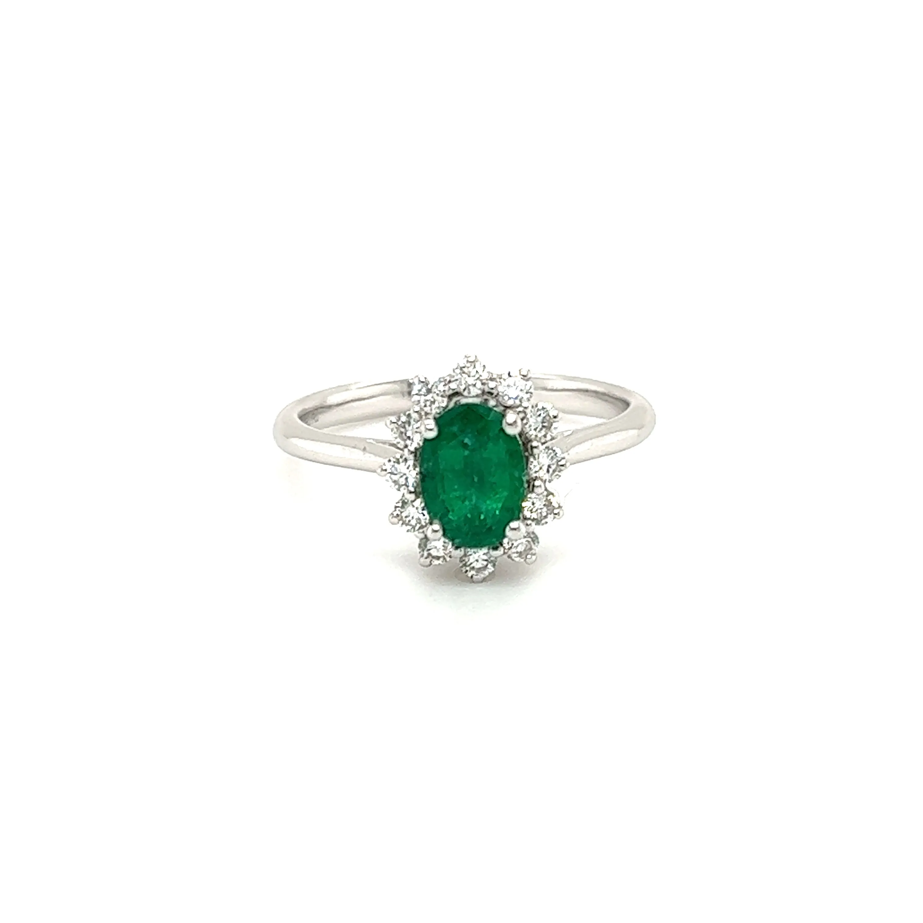 Oval Emerald Ring with Floral Diamond Halo in 18K White Gold