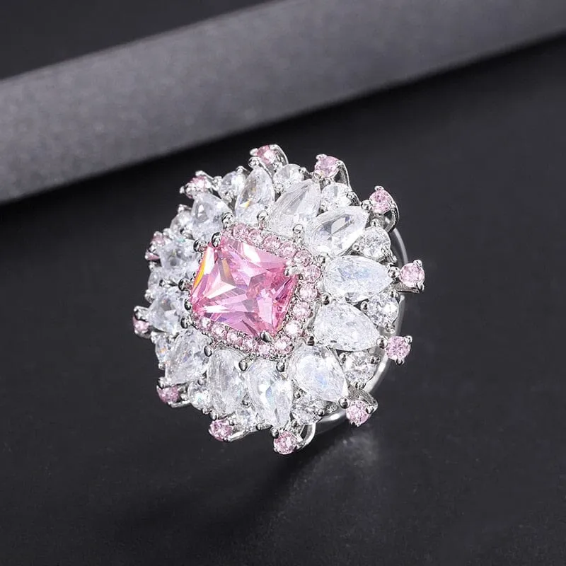 Silver Pink Diamond Necklace, Ring and Earring Jewelry