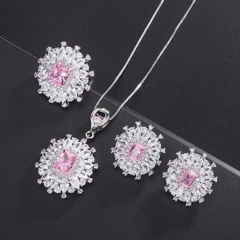 Silver Pink Diamond Necklace, Ring and Earring Jewelry