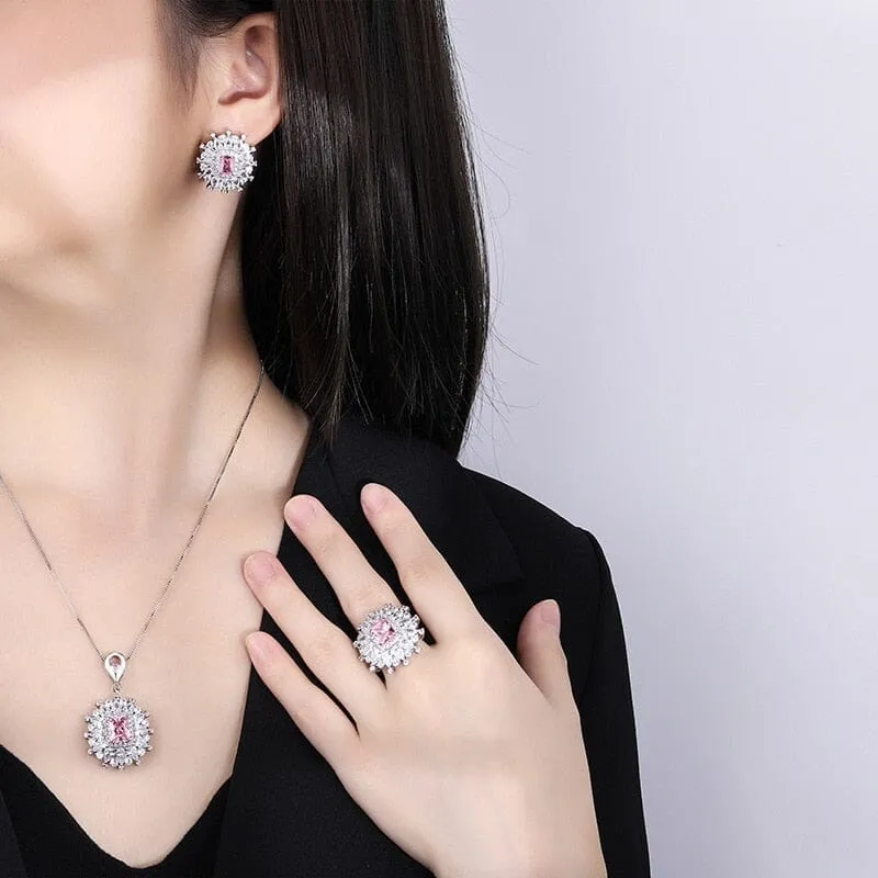 Silver Pink Diamond Necklace, Ring and Earring Jewelry
